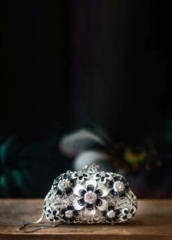 BLACK & WHITE FLORAL RHINESTONE CLUTCH
